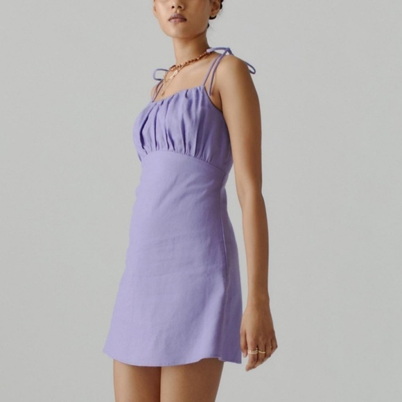 NWT UO Urban Renewal Remnants Linen Blend Tie Shoulder Mini Dress Purple - Picture 3 of 7